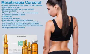 Mujer con espalda descubierta, mostrando resultados de mesoterapia abdominal. Productos de mesoterapia en primer plano.