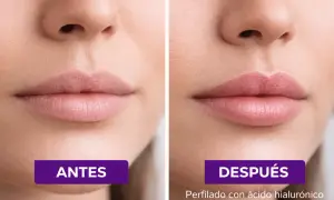 Comparativa de perfilado de labios antes y después, mostrando un aumento de volumen y definición gracias al ácido hialurónico.