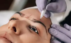 Manos enguantadas dibujan el contorno de las cejas para un procedimiento de powder brows.