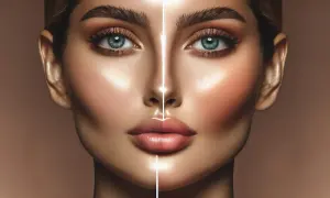 Comparación de acido hialuronico pomulos antes y despues. Rostro femenino con pómulos definidos y labios voluminosos.