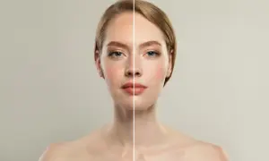 Comparativa de diatermia facial antes y después: piel más lisa y luminosa.