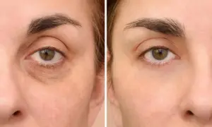 Comparación de ojos: antes con ojeras oscuras y bolsas, después con piel más lisa y luminosa.