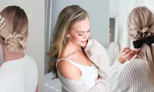 Peinados para trabajar: moño trenzado elegante, trenza diadema y coleta con lazo.