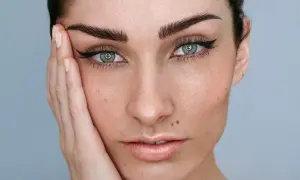 Mujer con microblading cejas perfectas, delineado de ojos y piel radiante.