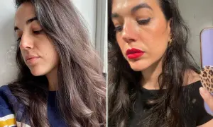 Comparativa de piel: antes sin maquillaje y después con labial rojo vibrante. El retinol antes y después transforma la textura.