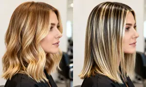 Diferencia entre mechas y balayage: cabello rubio con ondas vs. cabello liso con reflejos marcados.
