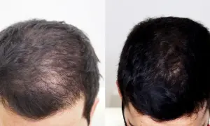 Comparativa de mesoterapia capilar antes y después: cabello más denso y oscuro.