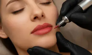 Proceso de micropigmentación labios para un color natural y duradero. Manos enguantadas trabajan con precisión.