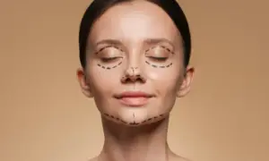 Mujer con líneas de marcador en el rostro, indicando áreas para cirugía estética. Se busca corregir la asimetría facial para una apariencia más armoniosa.