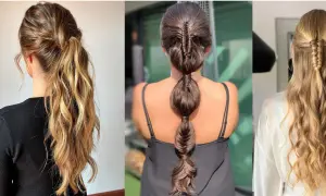 Peinados pelo largo liso fiesta: coleta baja con ondas, trenza burbuja y media coleta trenzada.