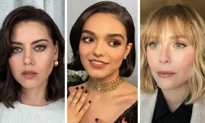 Tres mujeres lucen diferentes peinados bob: uno oscuro y ondulado, otro corto y liso con raya lateral, y uno rubio con flequillo.