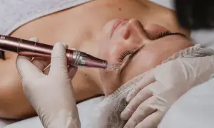 Un profesional realiza un microneedling facial con un dispositivo de microagujas para mejorar la piel.