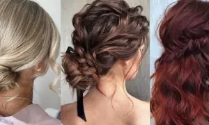 Peinados para ir de fiesta: moño bajo rubio, recogido castaño con cinta negra y melena rojiza con trenza.