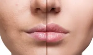 Comparación de piel antes y después, mostrando un aumento de labios y piel más lisa y uniforme.