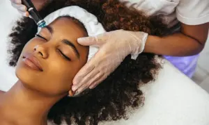 Una mujer disfruta de un tratamiento Hydrafacial. Un profesional con guantes aplica el dispositivo en su rostro para una piel radiante.