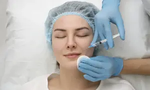Mujer joven recibe inyección para eliminar surco nasogeniano naturalmente. Manos enguantadas aplican tratamiento estético.