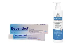 Bepanthol Crema y una loción con pantenol que es un ingrediente clave para reparar la piel seca e irritada.