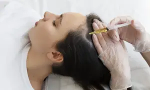 Mujer recibiendo mesoterapia capilar. Una mano enguantada aplica una inyección en el cuero cabelludo para estimular el crecimiento del cabello.