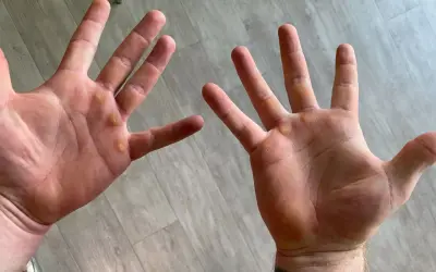 Manos con callos visibles, evidencia de trabajo duro o entrenamiento.