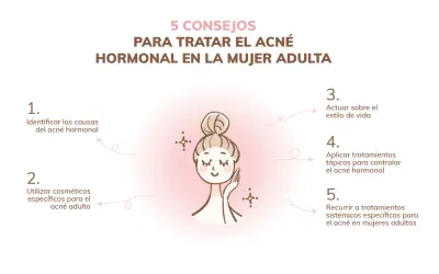 Ilustración de mujer con consejos para el acné hormonal en mujeres adultas: identificar causas, usar cosméticos, estilo de vida, tratamientos tópicos y sistémicos.