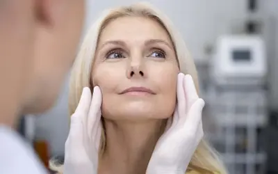 Manos enguantadas evaluando el rostro de una mujer rubia, preparándose para un tratamiento de fotorejuvenecimiento facial.