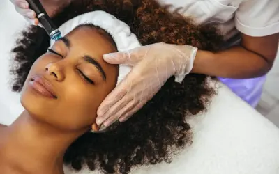 Una mujer disfruta de un tratamiento Hydrafacial. Un profesional con guantes aplica el dispositivo en su rostro para una piel radiante.