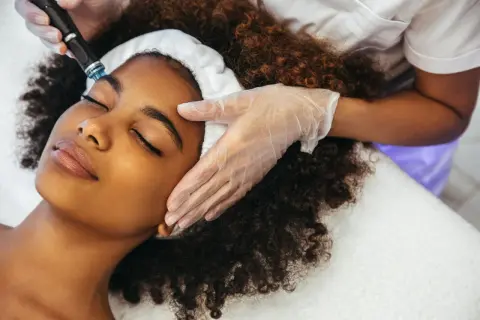 Una mujer disfruta de un tratamiento Hydrafacial. Un profesional con guantes aplica el dispositivo en su rostro para una piel radiante.