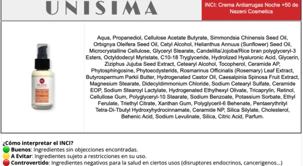 Crema antiarrugas Nezeni Cosmetics +50. Análisis INCI revela ingredientes buenos y a evitar. ¡Lee las opiniones!