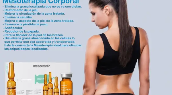 Mujer con espalda descubierta, mostrando resultados de mesoterapia abdominal. Productos de mesoterapia en primer plano.