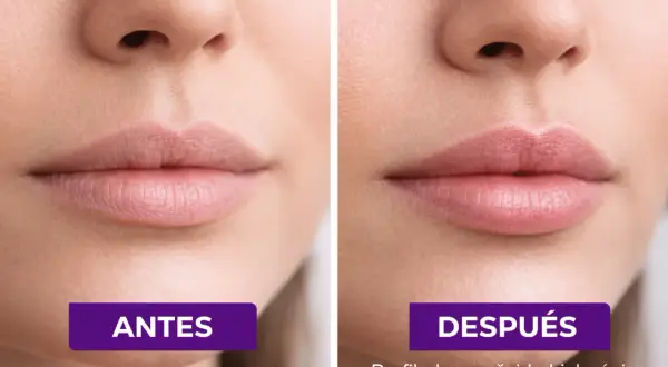 Comparativa de perfilado de labios antes y después, mostrando un aumento de volumen y definición gracias al ácido hialurónico.