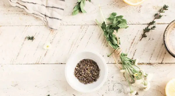 Ingredientes naturales para el cuidado de la piel: lavanda seca, limón, hierbas y sal. Descubre las hamamelis propiedades.