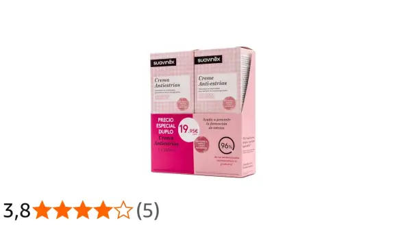 Pack doble de Crema Antiestrías Suavinex, con opiniones positivas. Ayuda a prevenir la formación de estrías.