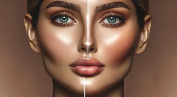 Comparación de acido hialuronico pomulos antes y despues. Rostro femenino con pómulos definidos y labios voluminosos.