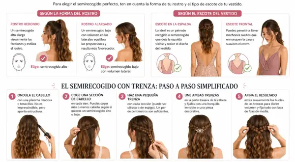 Guía para elegir el semirecogido ideal: consejos para rostro redondo, alargado y escotes. Aprende a hacer un semirecogido con trenza paso a paso.