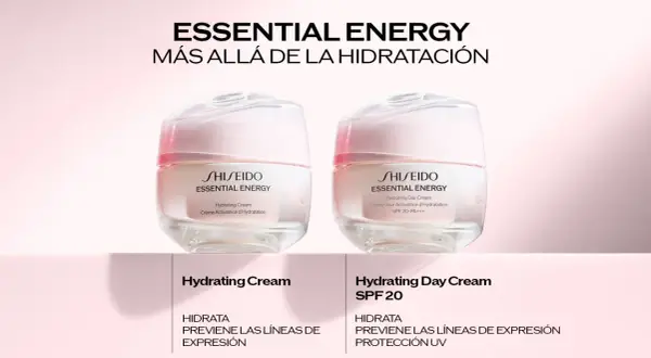 Dos cremas Shiseido Essential Energy, una hidratante y otra de día con SPF 20. Opiniones positivas sobre su hidratación y prevención de líneas de expresión.