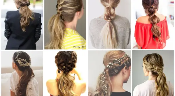 Ocho peinados de coleta alta para boda, con trenzas, adornos florales y estilos románticos.