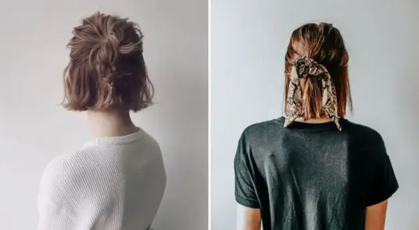 Dos estilos de trenzas peinados para corte bob: uno recogido con trenza y otro con pañuelo estampado.