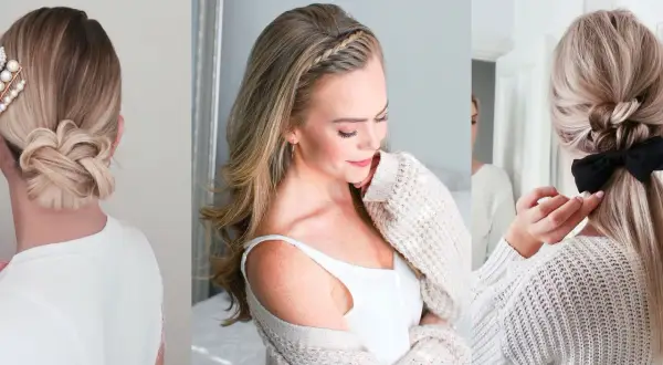 Peinados para trabajar: moño trenzado elegante, trenza diadema y coleta con lazo.
