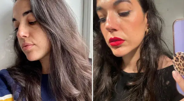 Comparativa de piel: antes sin maquillaje y después con labial rojo vibrante. El retinol antes y después transforma la textura.