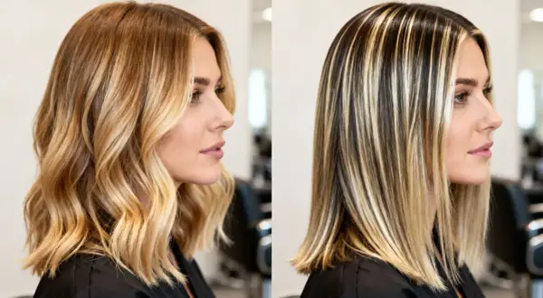 Diferencia entre mechas y balayage: cabello rubio con ondas vs. cabello liso con reflejos marcados.