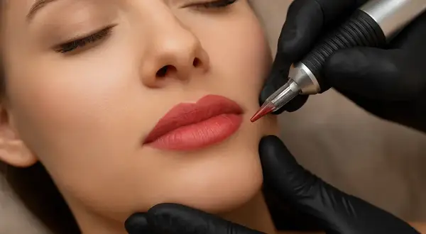 Proceso de micropigmentación labios para un color natural y duradero. Manos enguantadas trabajan con precisión.