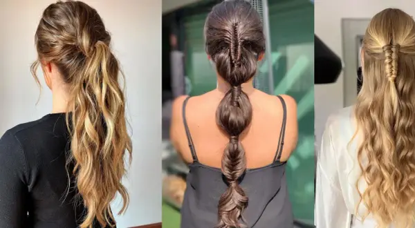 Peinados pelo largo liso fiesta: coleta baja con ondas, trenza burbuja y media coleta trenzada.