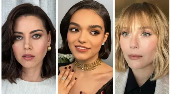 Tres mujeres lucen diferentes peinados bob: uno oscuro y ondulado, otro corto y liso con raya lateral, y uno rubio con flequillo.