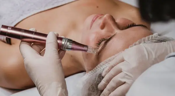 Un profesional realiza un microneedling facial con un dispositivo de microagujas para mejorar la piel.