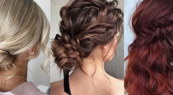 Peinados para ir de fiesta: moño bajo rubio, recogido castaño con cinta negra y melena rojiza con trenza.