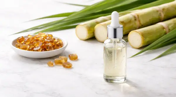 Aceite con ácido succínico, cristales dorados y caña de azúcar.