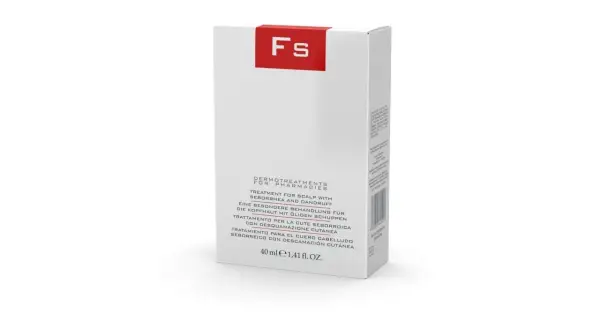 Caja de tratamiento capilar FS, con texto en varios idiomas indicando "vital plus fs" para cuero cabelludo con seborrea y caspa.