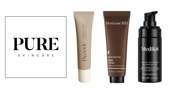 Tres productos de belleza: un logo de "PURE SKINCARE", una crema de ojos Byoodē y cremas de noche Perricone MD y Medik8, destacando el uso de péptidos en cosmética.