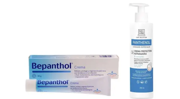Bepanthol Crema y una loción con pantenol que es un ingrediente clave para reparar la piel seca e irritada.