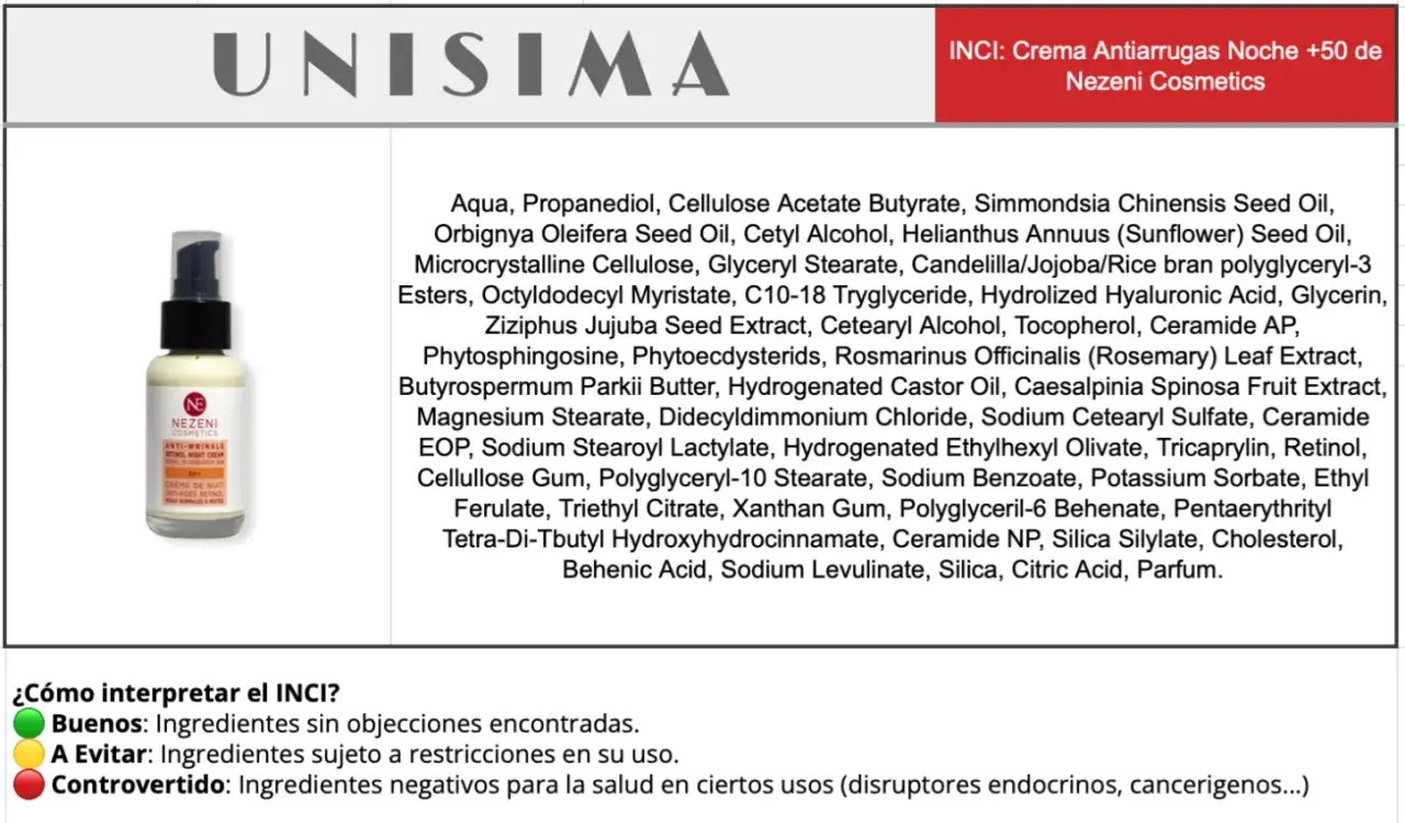 Crema antiarrugas Nezeni Cosmetics +50. Análisis INCI revela ingredientes buenos y a evitar. ¡Lee las opiniones!
